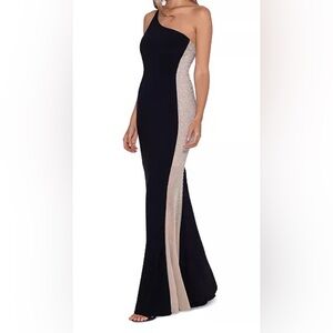 Xscape Embellished one shoulder evening Gown Black and Cream Formal Dress